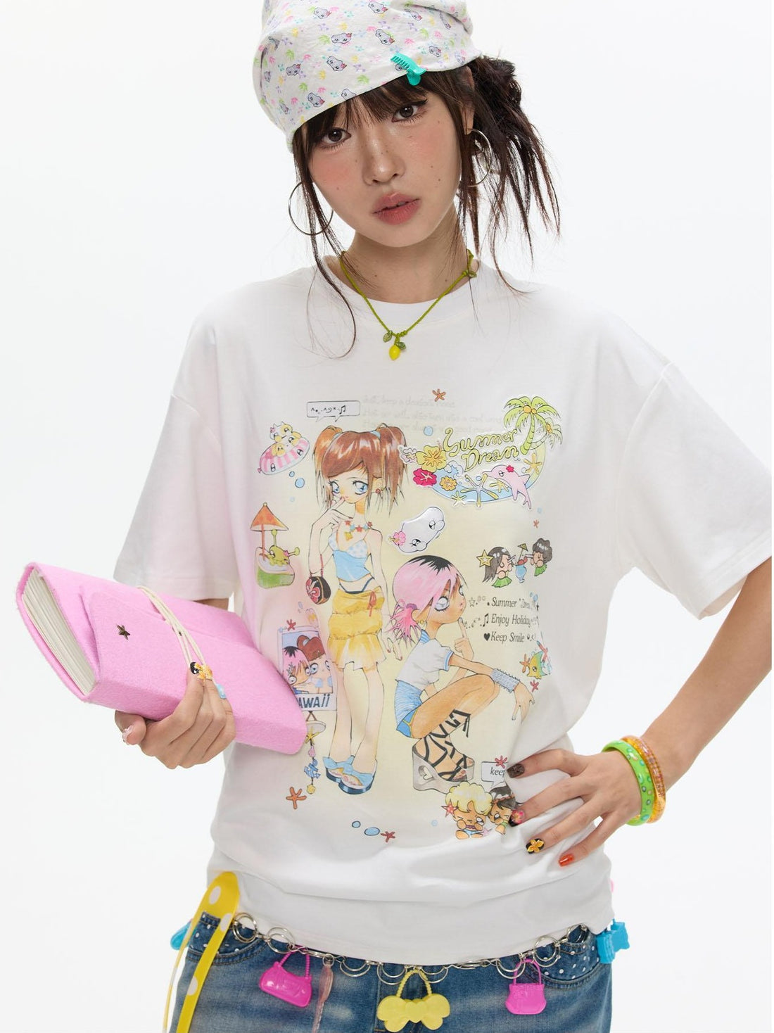 BETWEENAND White Printed Round Neck Women&