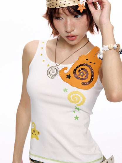 BETWEENAND White Printed Ruffle Racerback Women&