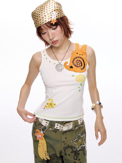 BETWEENAND White Printed Ruffle Racerback Women&