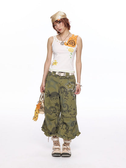 BETWEENAND White Printed Ruffle Racerback Women&