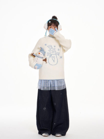 BETWEENAND White Snowman Print Crew Neck Women&