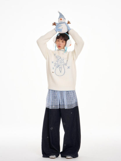 BETWEENAND White Snowman Print Crew Neck Women&