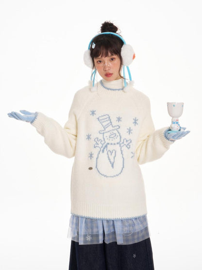 BETWEENAND White Snowman Print Crew Neck Women&