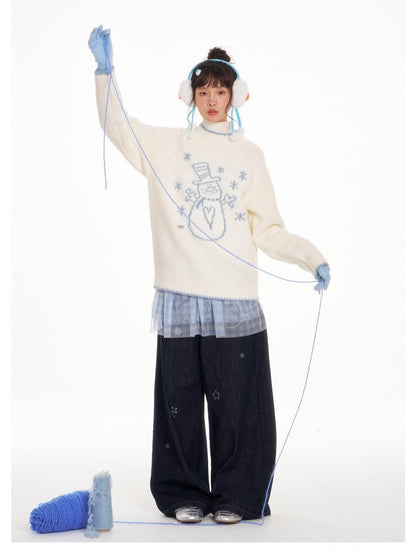 BETWEENAND White Snowman Print Crew Neck Women&