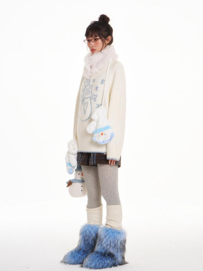 BETWEENAND White Snowman Print Crew Neck Women&
