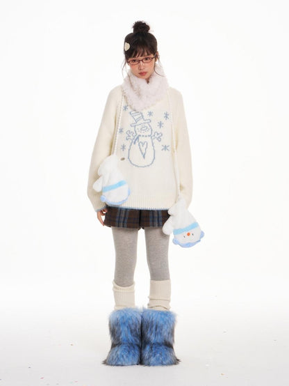 BETWEENAND White Snowman Print Crew Neck Women&