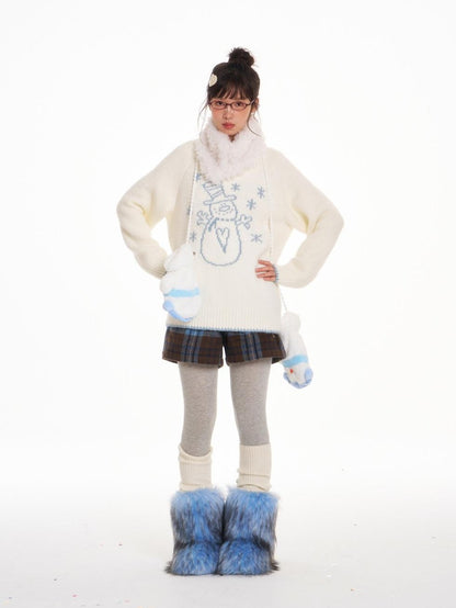 BETWEENAND White Snowman Print Crew Neck Women&