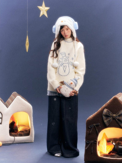 BETWEENAND White Snowman Print Crew Neck Women&
