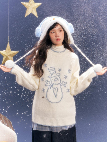 BETWEENAND White Snowman Print Crew Neck Women&