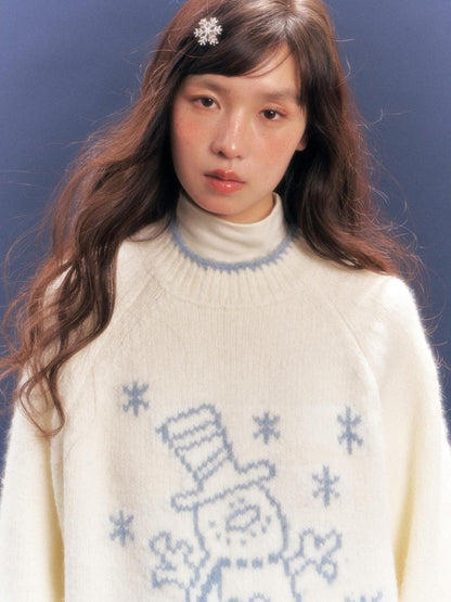 BETWEENAND White Snowman Print Crew Neck Women&