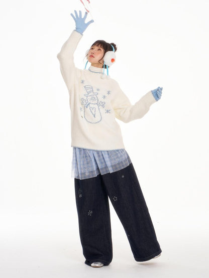 BETWEENAND White Snowman Print Crew Neck Women&