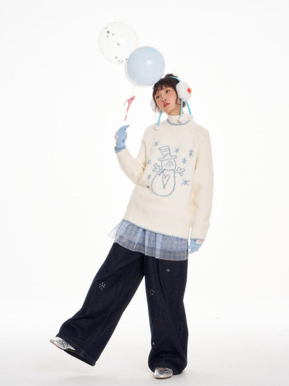 BETWEENAND White Snowman Print Crew Neck Women&