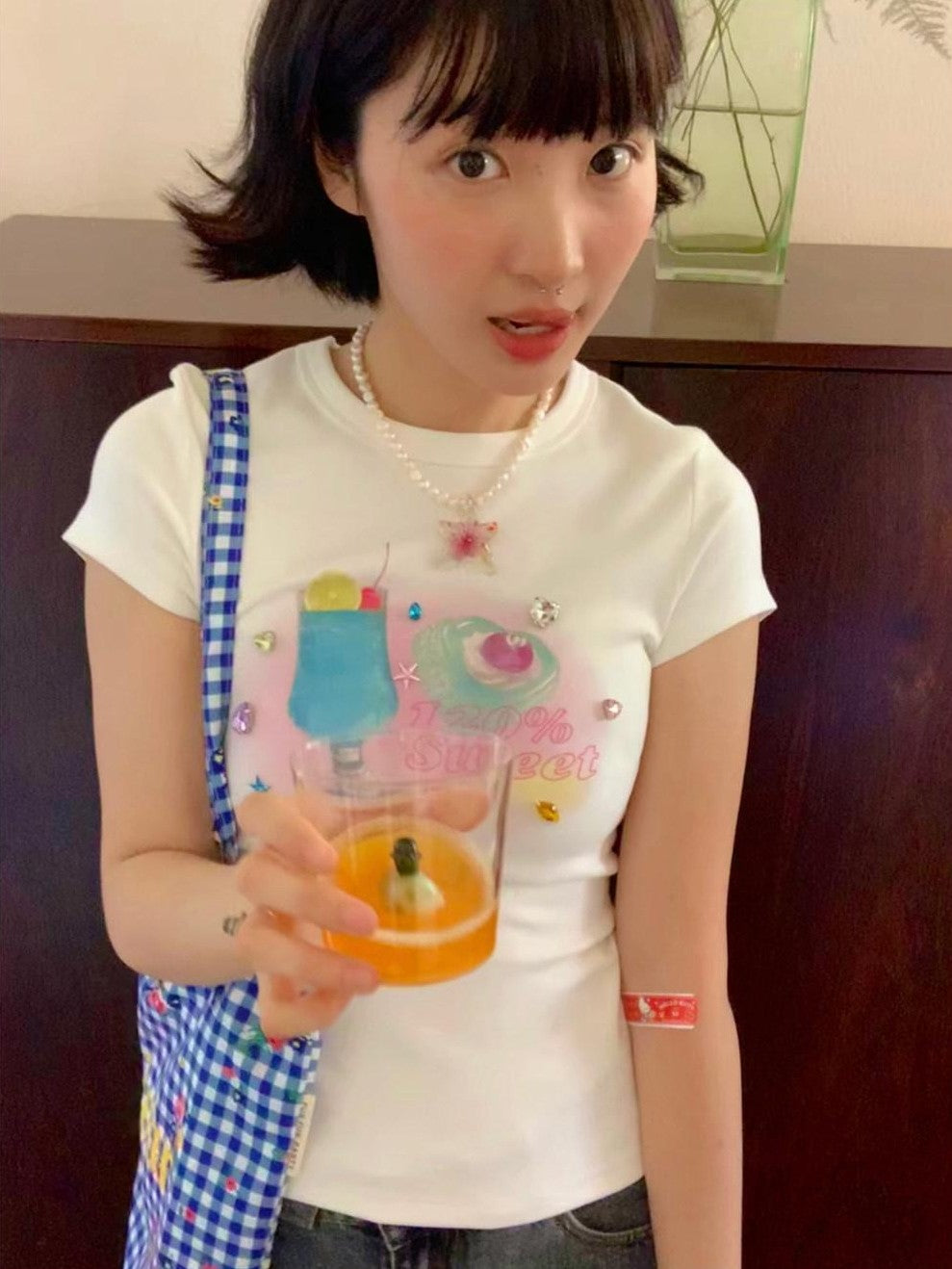 BETWEENAND White Tie Dye Rhinestone Women&