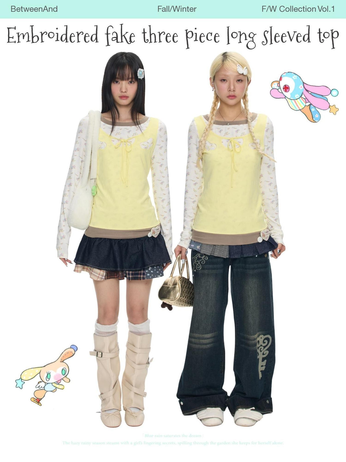 BETWEENAND Yellow Angel Embroidery Faux Layered Women&
