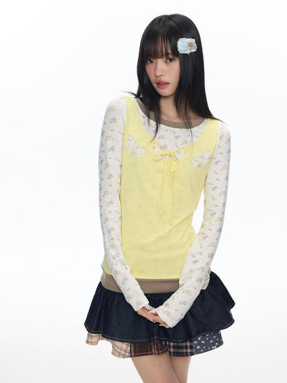 BETWEENAND Yellow Angel Embroidery Faux Layered Women&