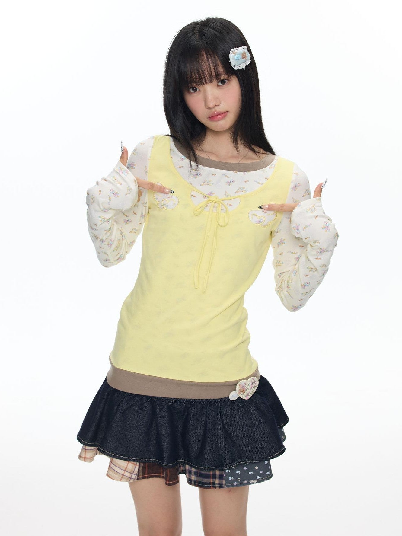 BETWEENAND Yellow Angel Embroidery Faux Layered Women&