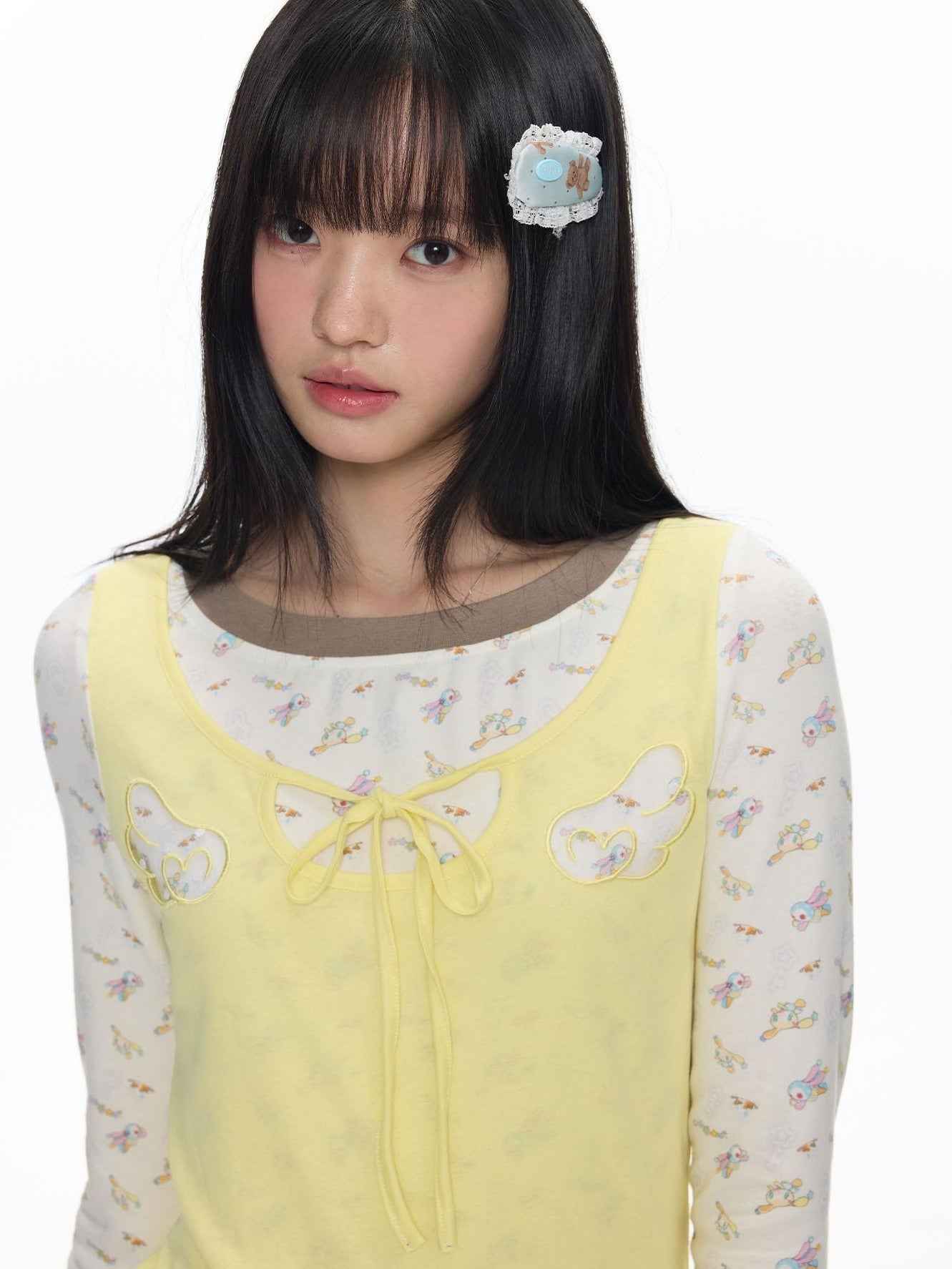 BETWEENAND Yellow Angel Embroidery Faux Layered Women&