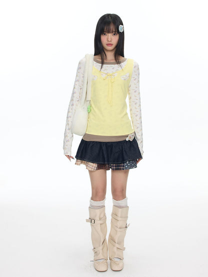 BETWEENAND Yellow Angel Embroidery Faux Layered Women&