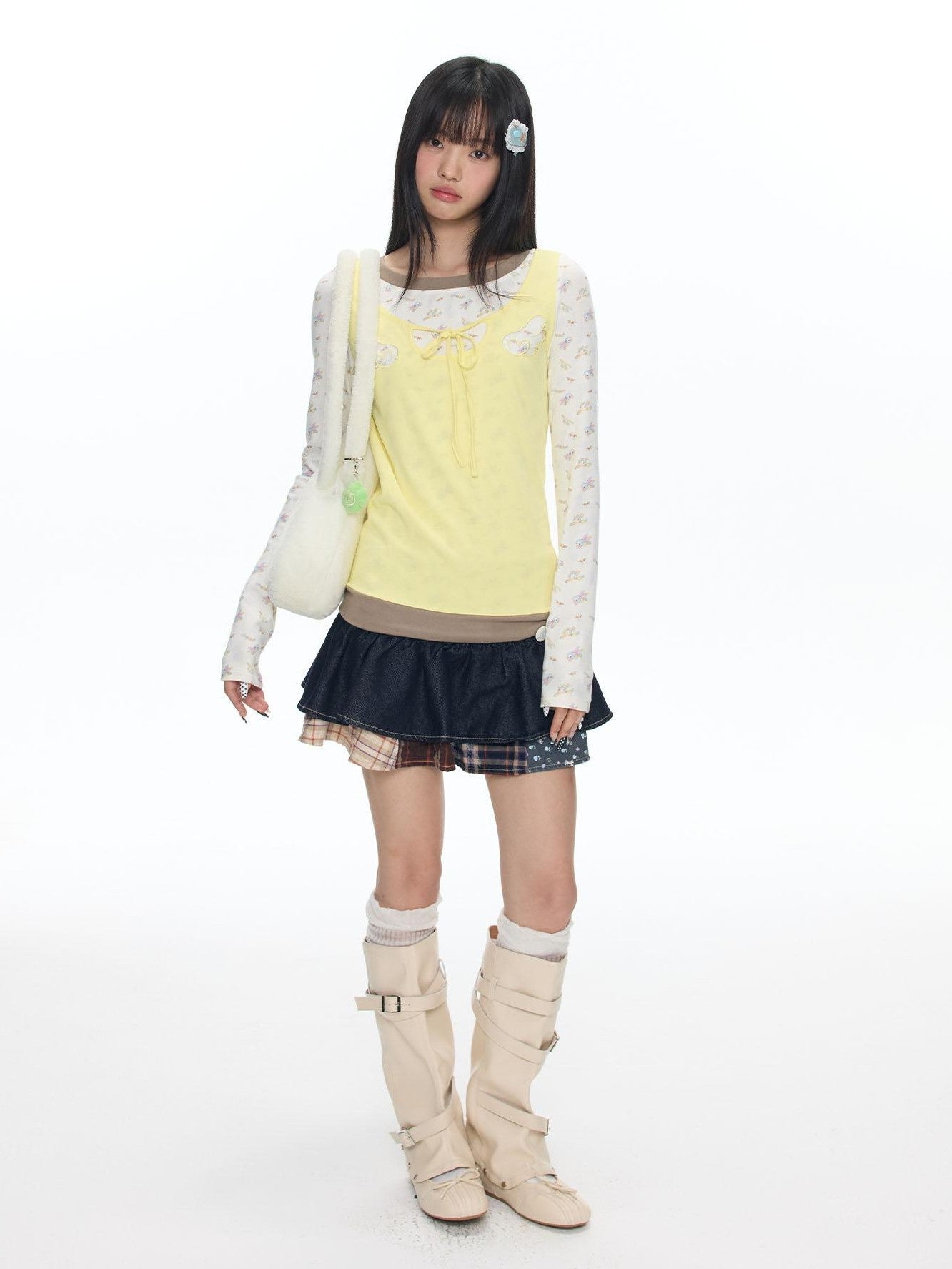 BETWEENAND Yellow Angel Embroidery Faux Layered Women&