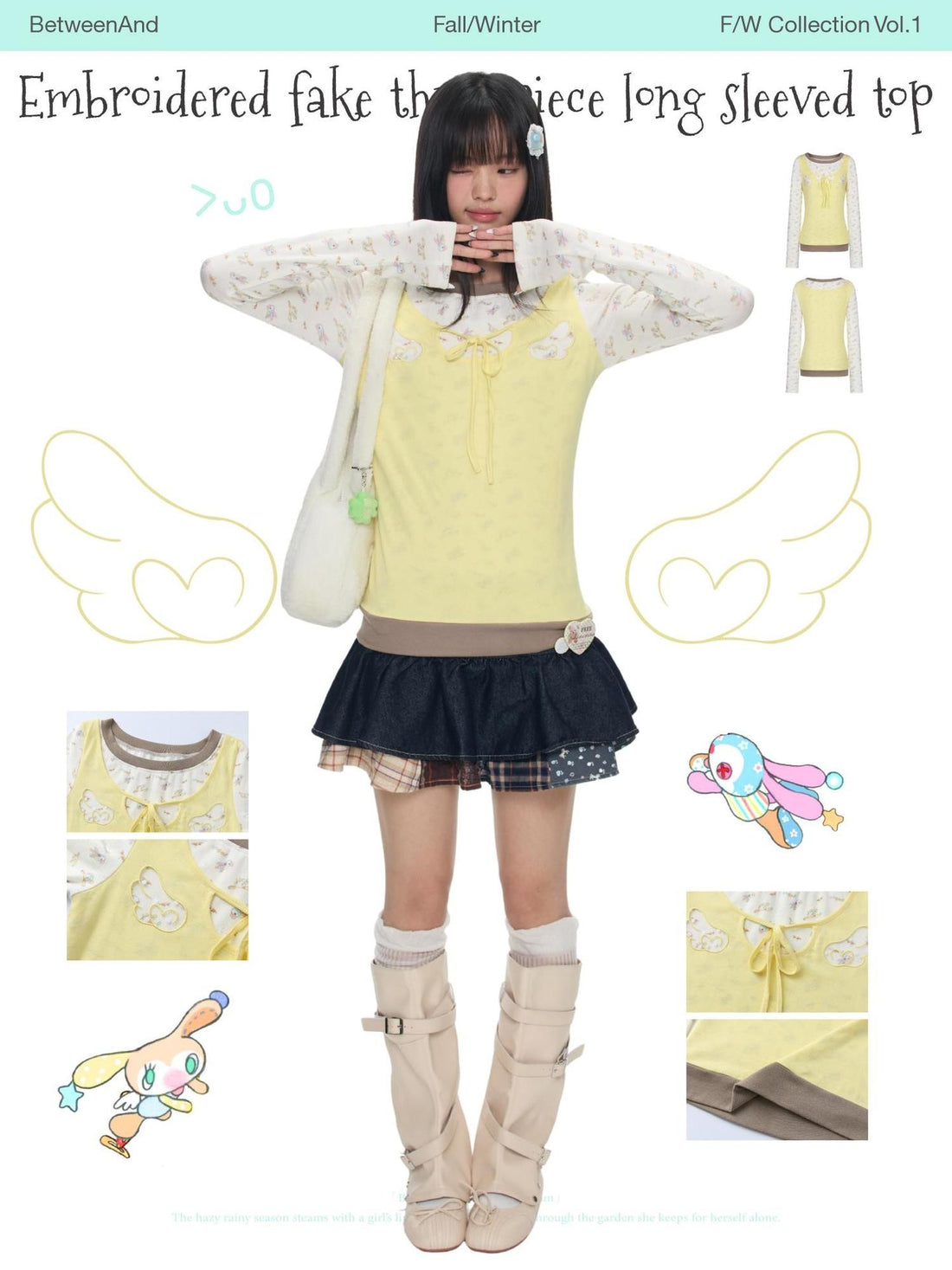 BETWEENAND Yellow Angel Embroidery Faux Layered Women&