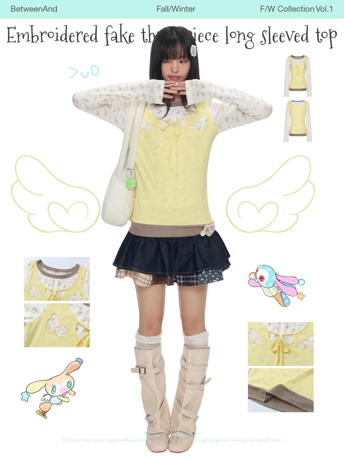 BETWEENAND Yellow Angel Embroidery Faux Layered Women&