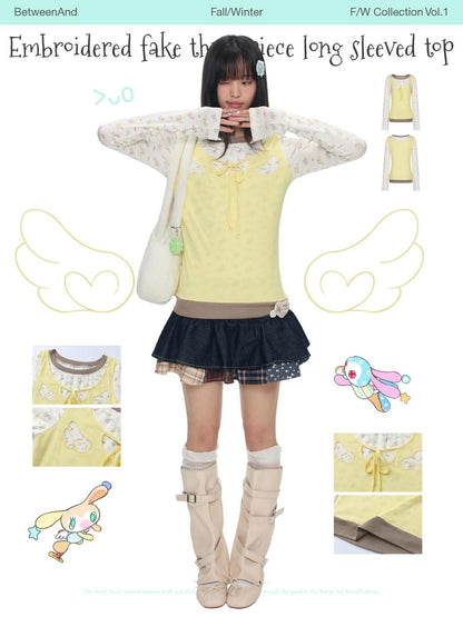BETWEENAND Yellow Angel Embroidery Faux Layered Women&