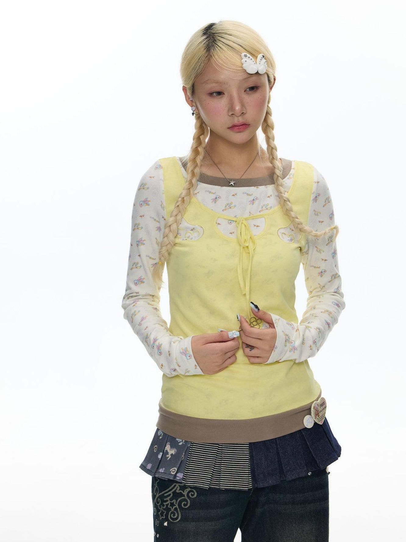 BETWEENAND Yellow Angel Embroidery Faux Layered Women&