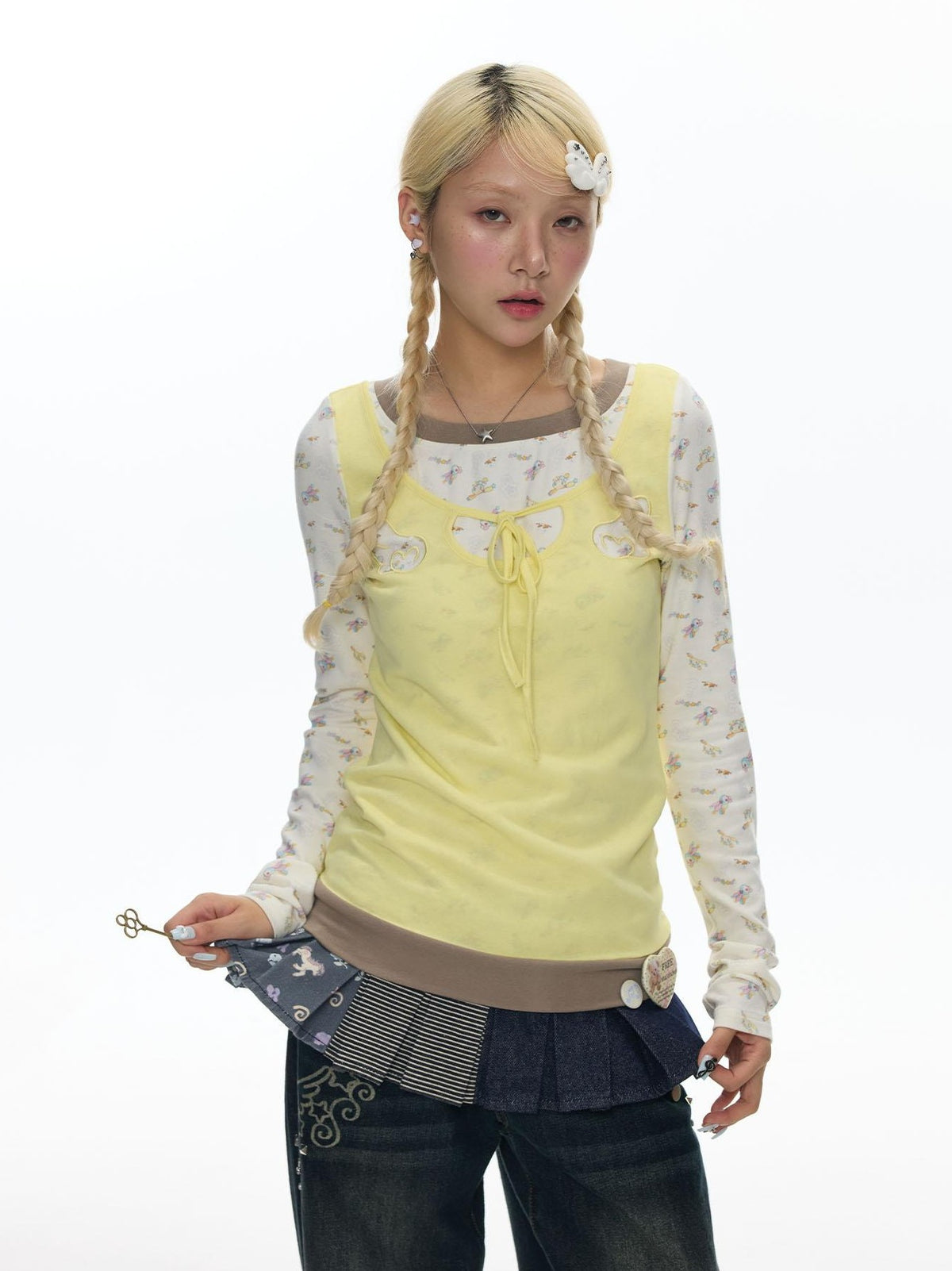 BETWEENAND Yellow Angel Embroidery Faux Layered Women&