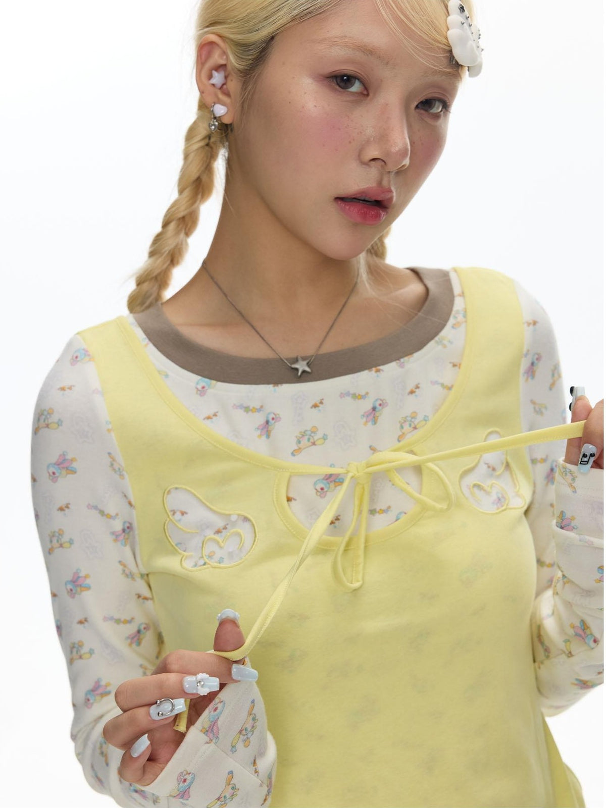 BETWEENAND Yellow Angel Embroidery Faux Layered Women&