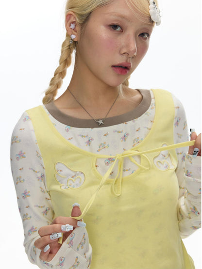 BETWEENAND Yellow Angel Embroidery Faux Layered Women&