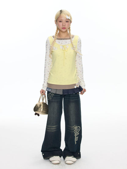 BETWEENAND Yellow Angel Embroidery Faux Layered Women&