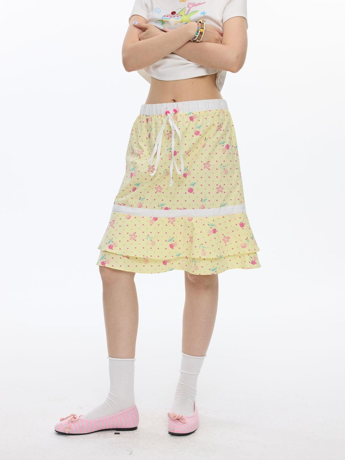 BETWEENAND Yellow Cherry Print Patchwork Tiered Women&