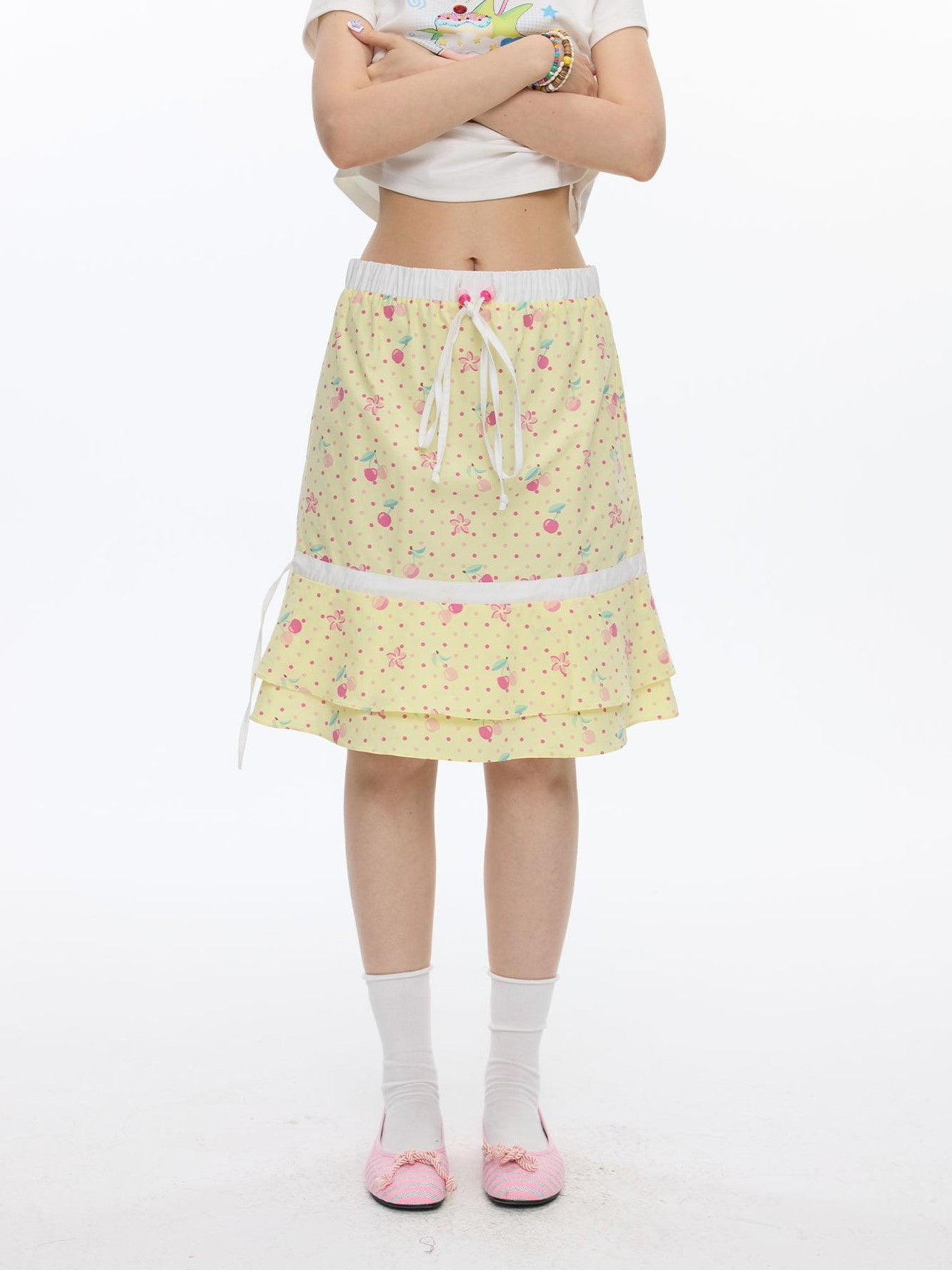BETWEENAND Yellow Cherry Print Patchwork Tiered Women&