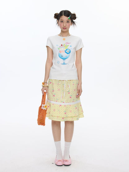 BETWEENAND Yellow Cherry Print Patchwork Tiered Women&