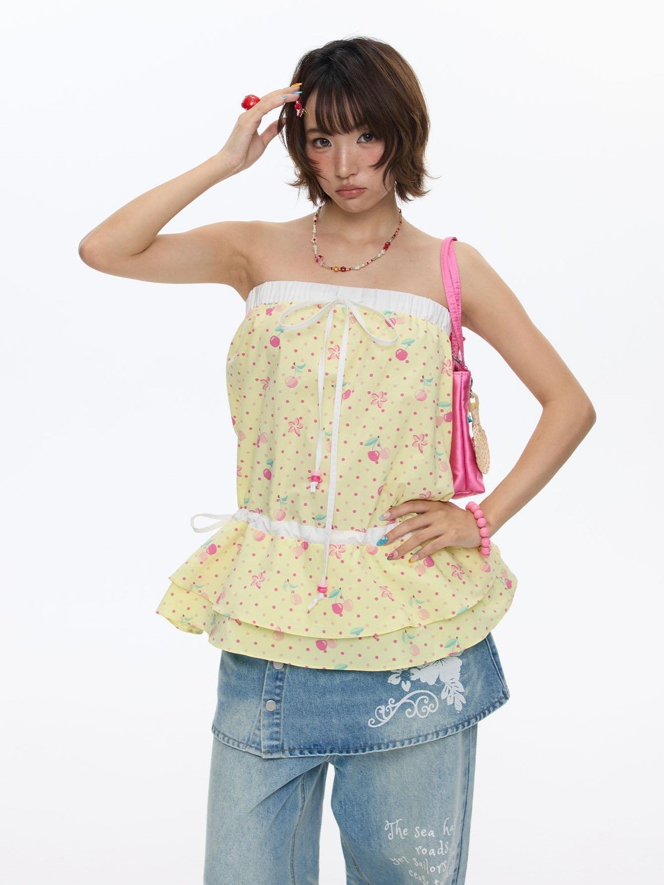 BETWEENAND Yellow Cherry Print Patchwork Tiered Women&
