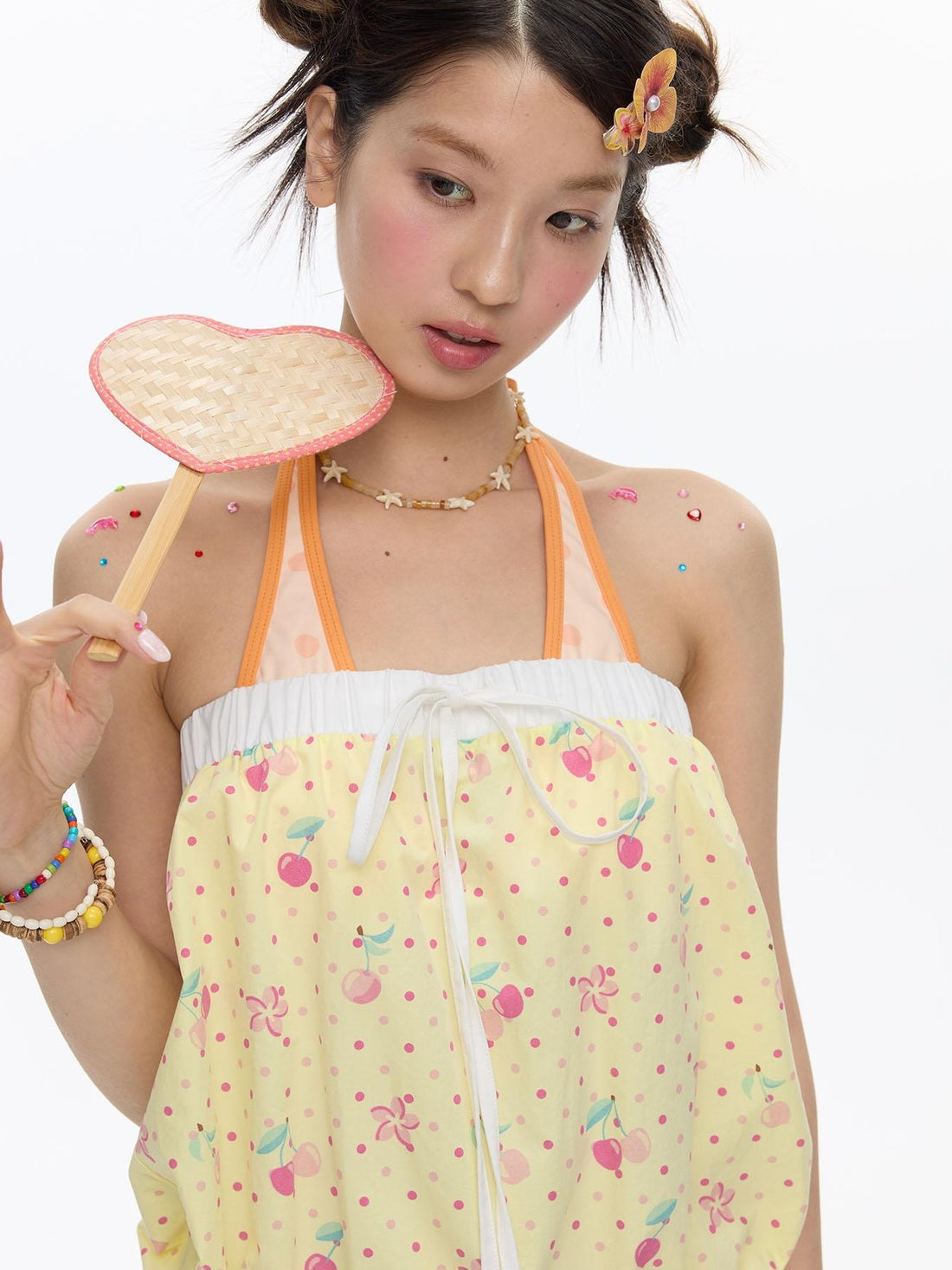 BETWEENAND Yellow Cherry Print Patchwork Tiered Women&