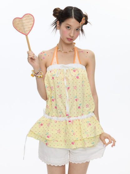 BETWEENAND Yellow Cherry Print Patchwork Tiered Women&