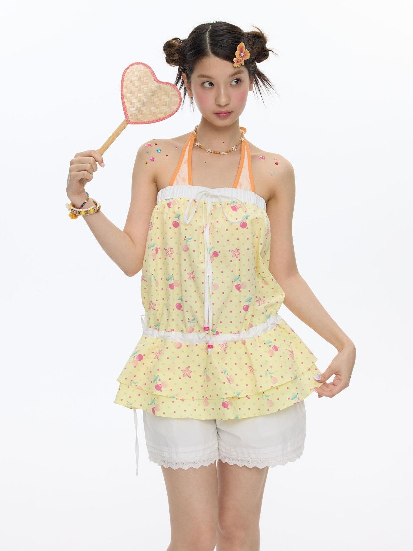 BETWEENAND Yellow Cherry Print Patchwork Tiered Women&