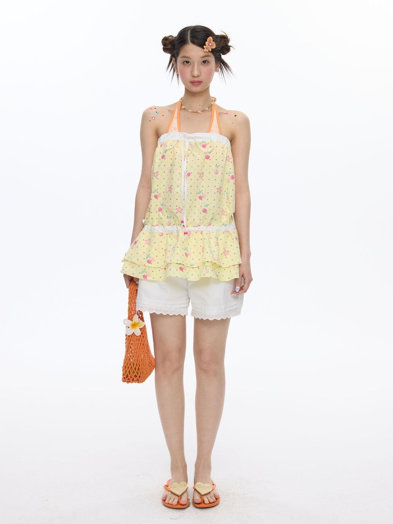 BETWEENAND Yellow Cherry Print Patchwork Tiered Women&