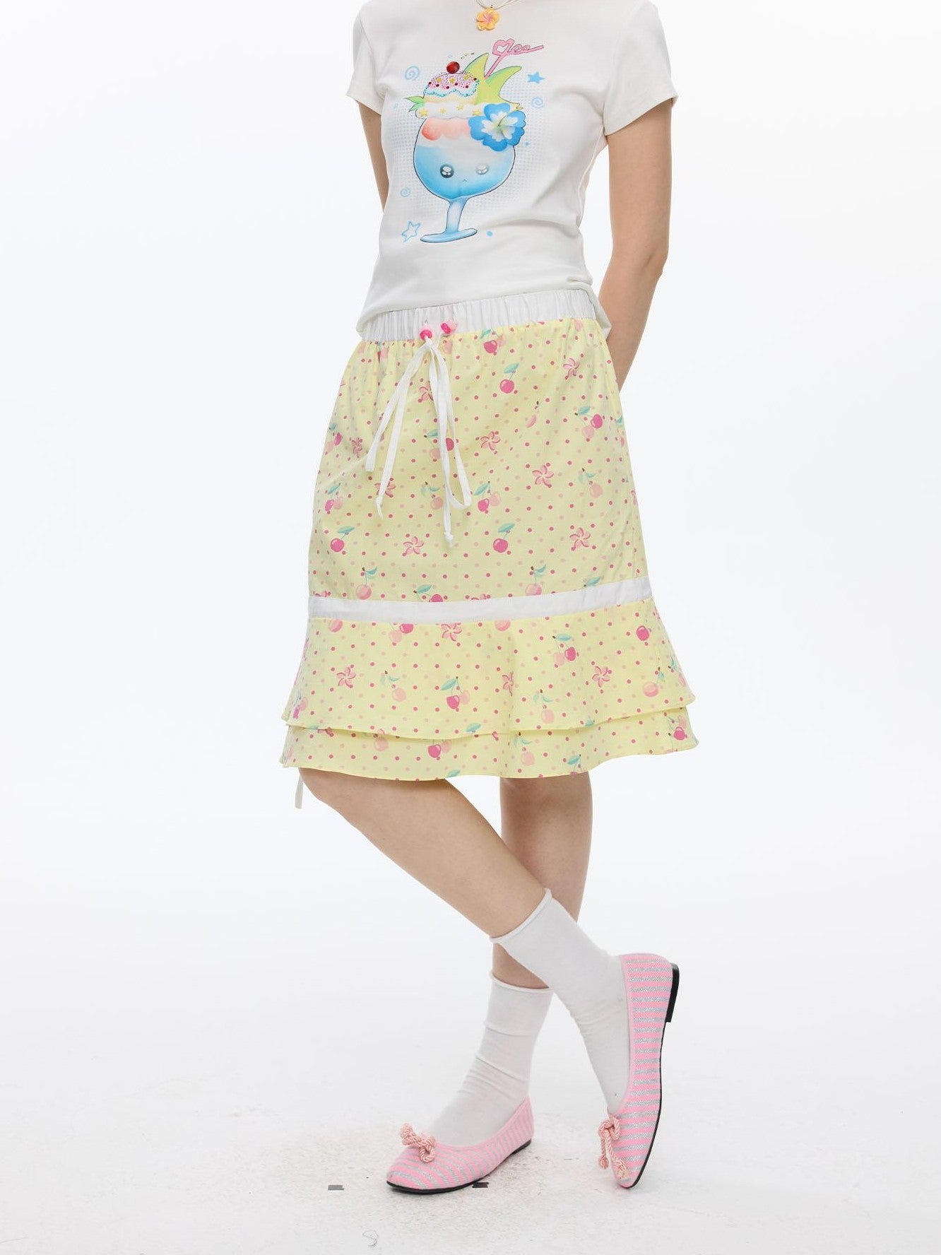 BETWEENAND Yellow Cherry Print Patchwork Tiered Women&