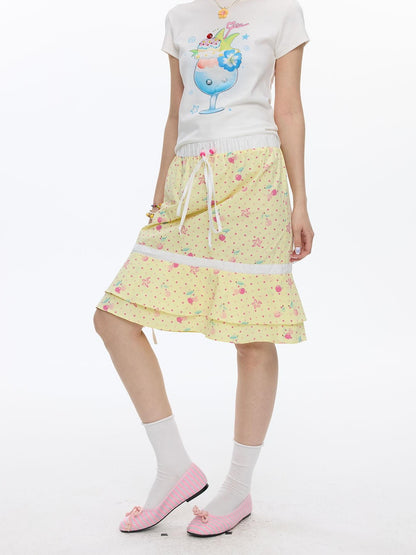 BETWEENAND Yellow Cherry Print Patchwork Tiered Women&
