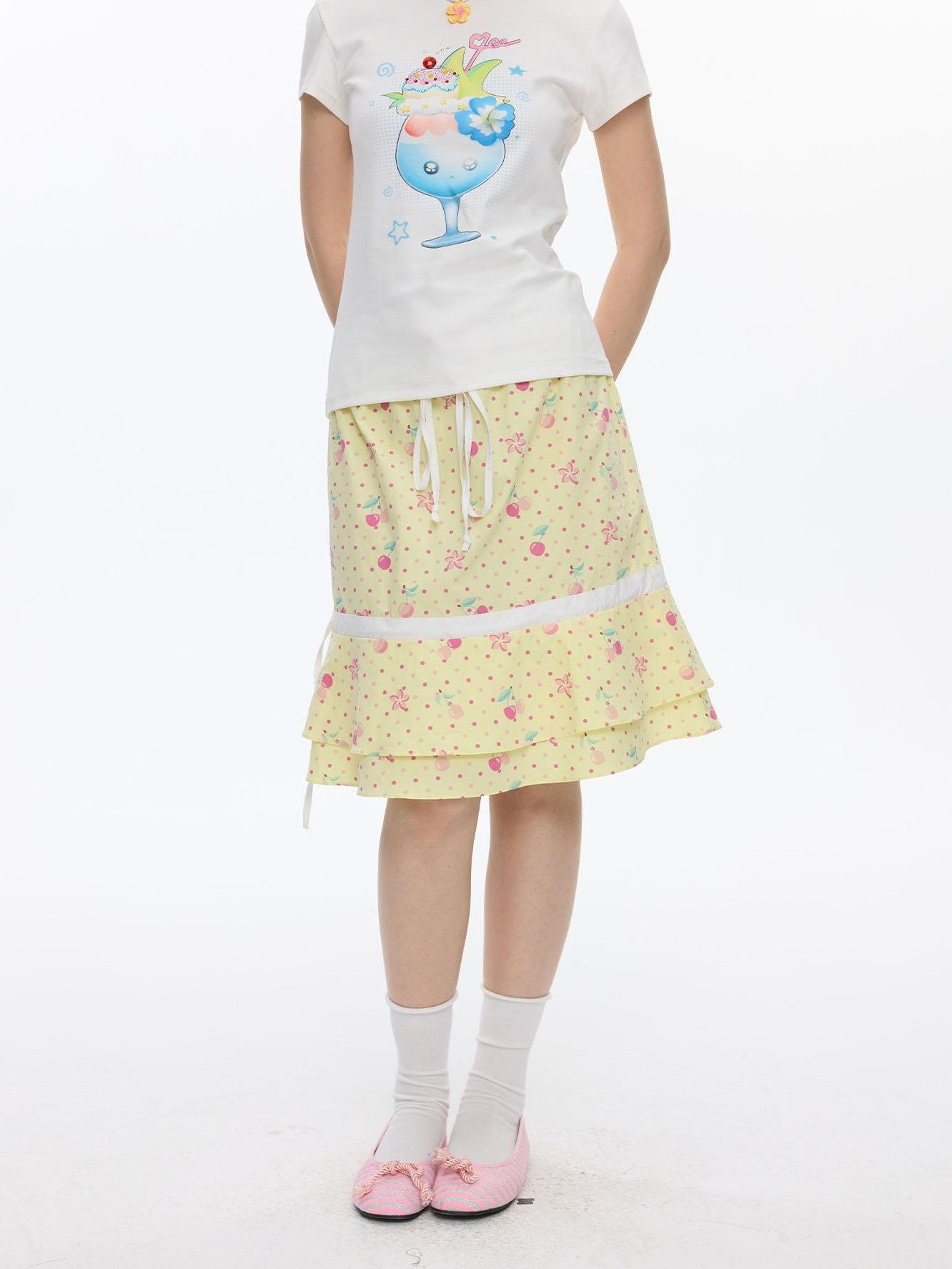 BETWEENAND Yellow Cherry Print Patchwork Tiered Women&