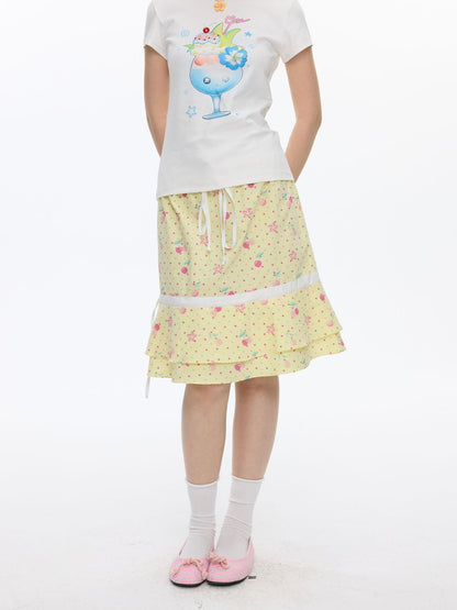 BETWEENAND Yellow Cherry Print Patchwork Tiered Women&