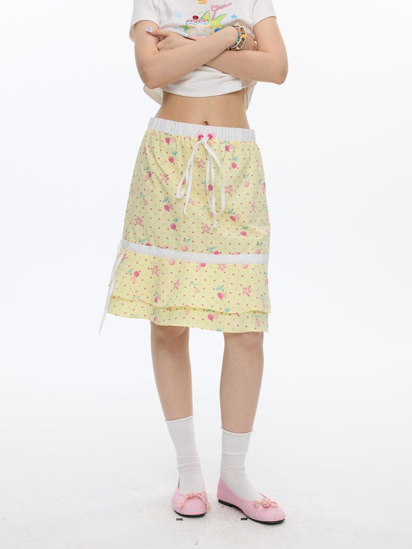 BETWEENAND Yellow Cherry Print Patchwork Tiered Women&