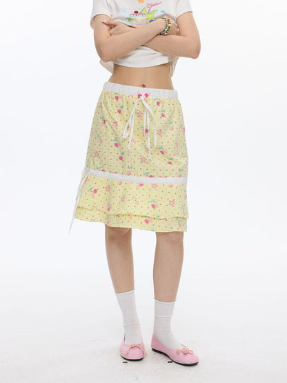 BETWEENAND Yellow Cherry Print Patchwork Tiered Women&