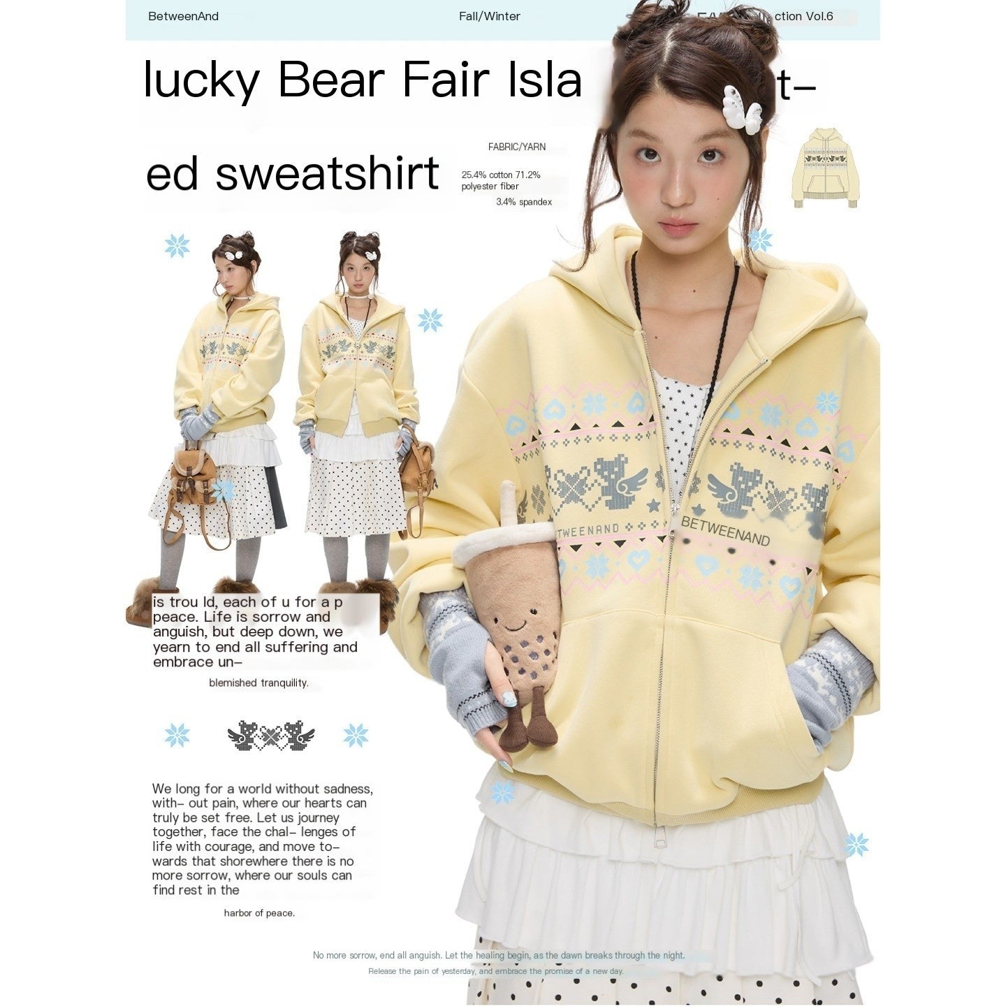 BETWEENAND_Yellow_Fair_Isle_Bear_Print_Fleece_Lined_Women&