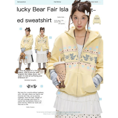 BETWEENAND_Yellow_Fair_Isle_Bear_Print_Fleece_Lined_Women&