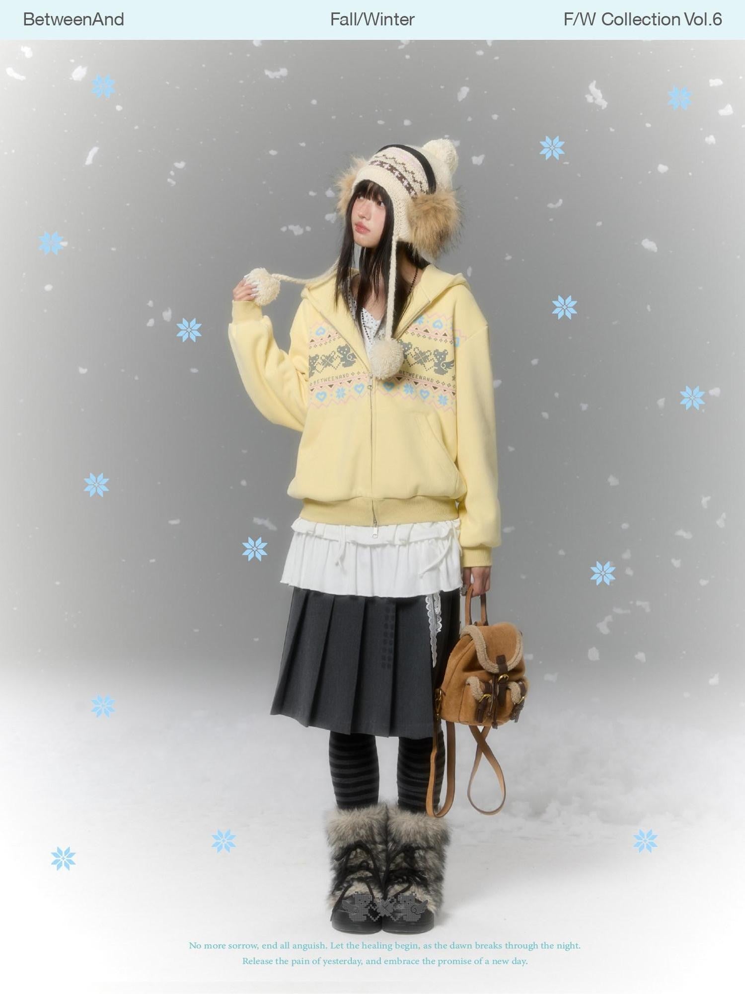 BETWEENAND Yellow Fair Isle Bear Print Fleece Lined Women&