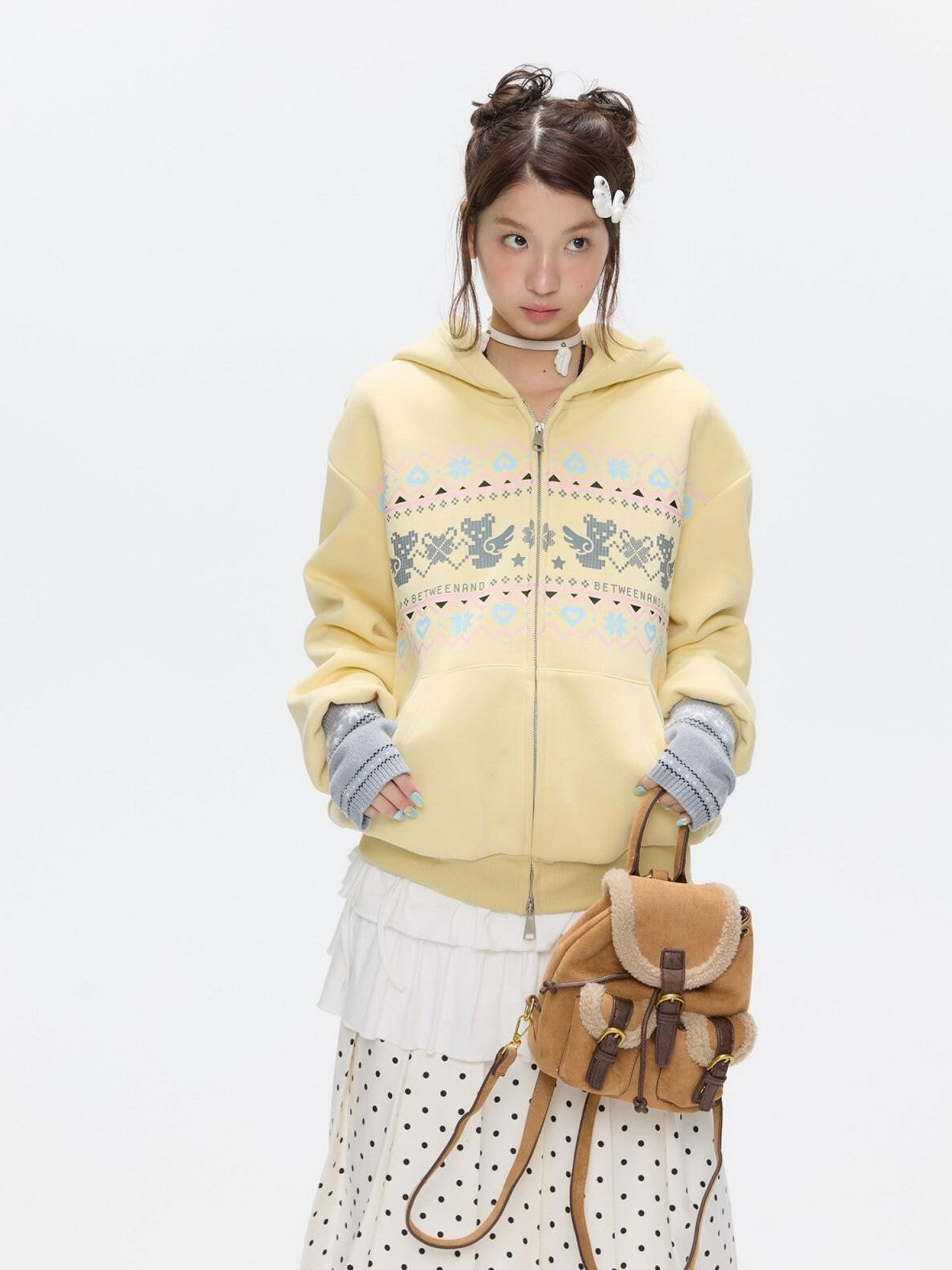 BETWEENAND Yellow Fair Isle Bear Print Fleece Lined Women&