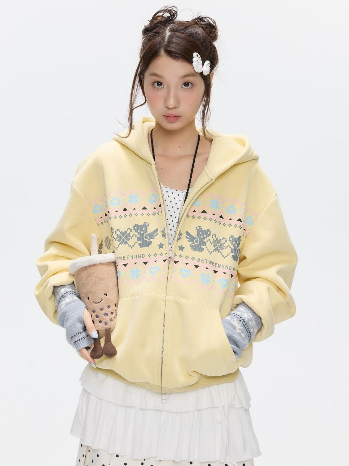 BETWEENAND Yellow Fair Isle Bear Print Fleece Lined Women&
